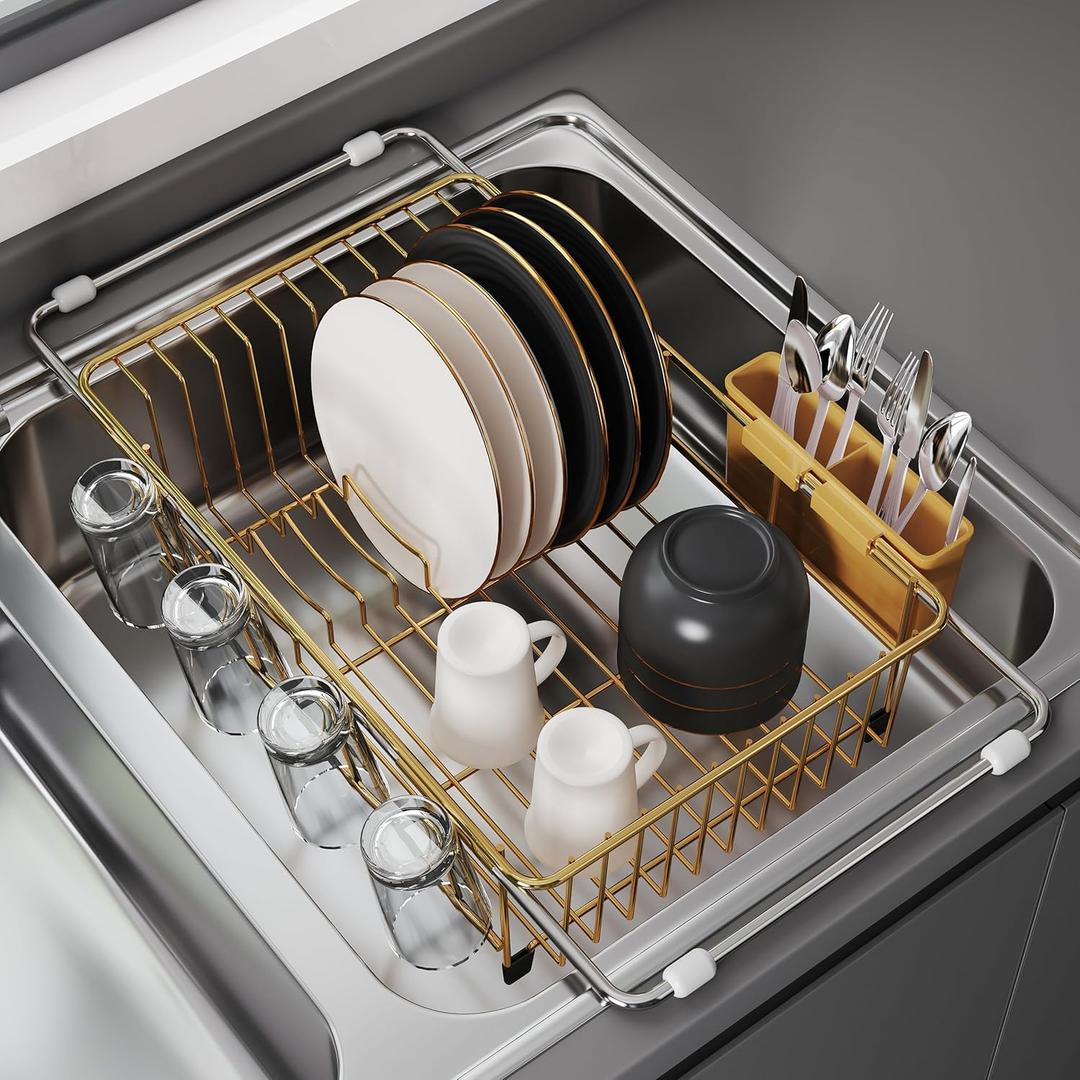 JASIWAY Gold in Sink Dish Drying Rack, Expandable Stainless Steel Small Dish Rack Over Kitchen Sink, Plate Drainer Strainer with Utensil Holder & Cup Holders, Counter Space Saving Wire Dryer Rack, For 11.5"-30"w Sink