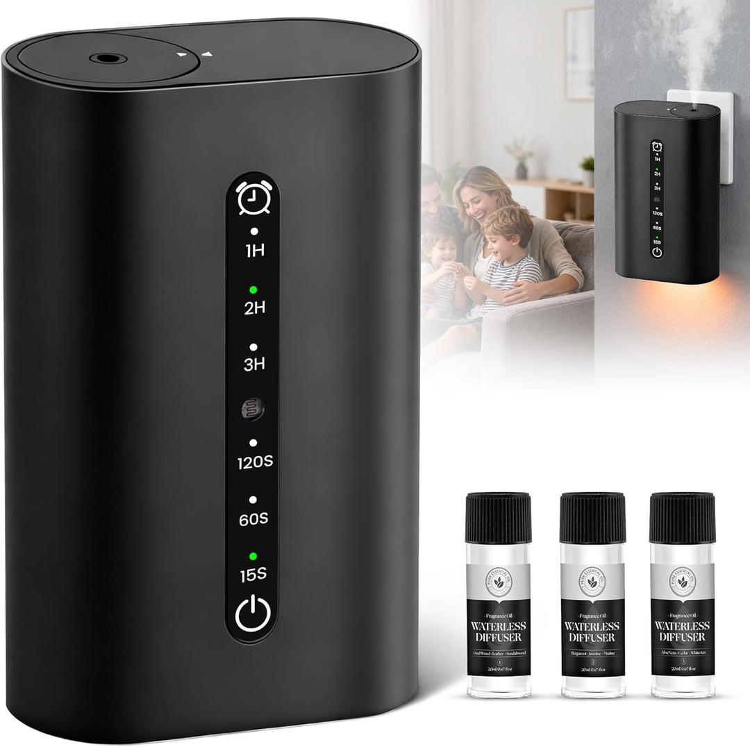 Smart Plugin Scent Diffuser Set, Waterless Scent Diffusers Home, Cold Air Mist, Timer Control, and 3 Mist Intensity Settings, Suitable for Home, Office, and Small Spaces,Black
