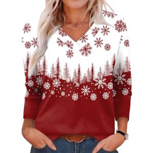 XIEERDUO Long Sleeve Shirts for Women V Neck Fall Tops Basic Tunic Tops Loose Fit Dressy 2025 (Medium, Christmas Print)