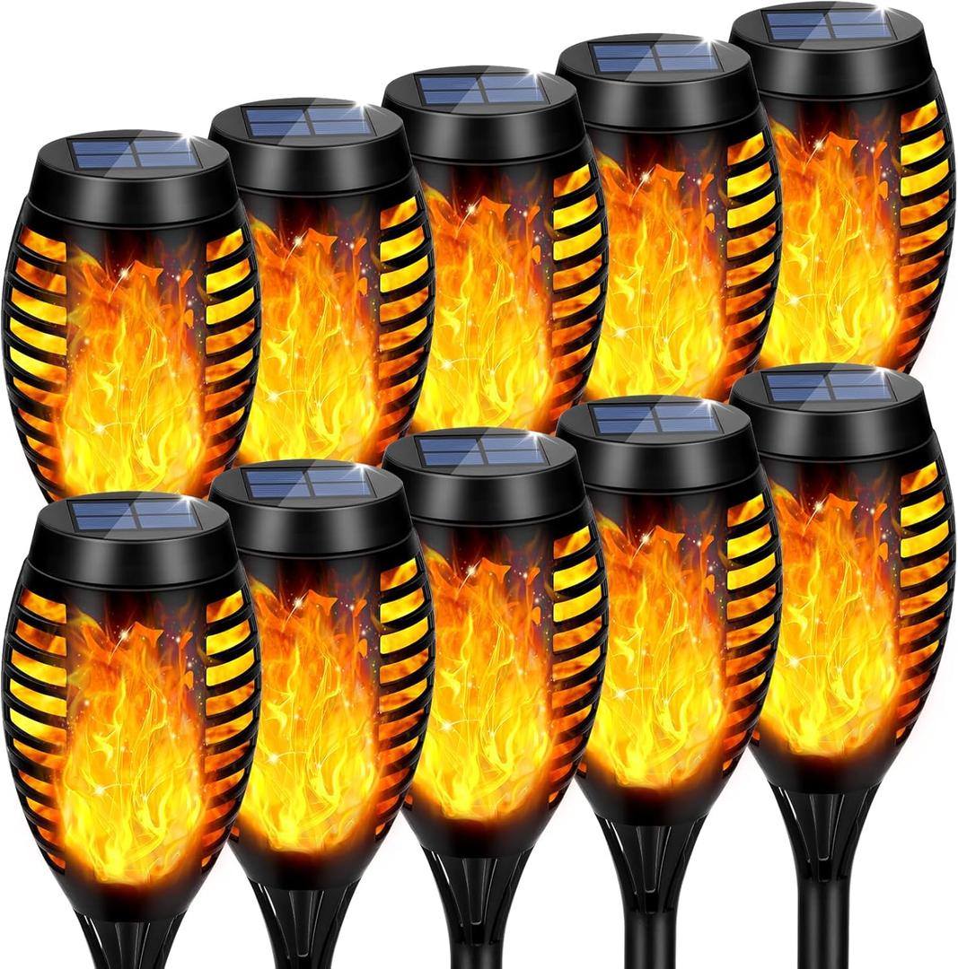 Solar Lights Outdoor, Upgraded 10 Pack Solar Torch Lights Outdoor Flickering Flame for Garden Decor, Waterproof Outdoor Lights Solar Powered, Tiki Torches for Outside Yard Patio Pathway Decor (Yellow)
