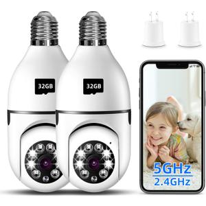 Light Bulb Security Camera, 2K Wireless Camera for Light Bulb Pet Camera, 360  PTZ Light Socket Security Camera with Motion Detection Auto Tracking (2Pack 5GHz & 2.4GHz with 32GB SD Card)
