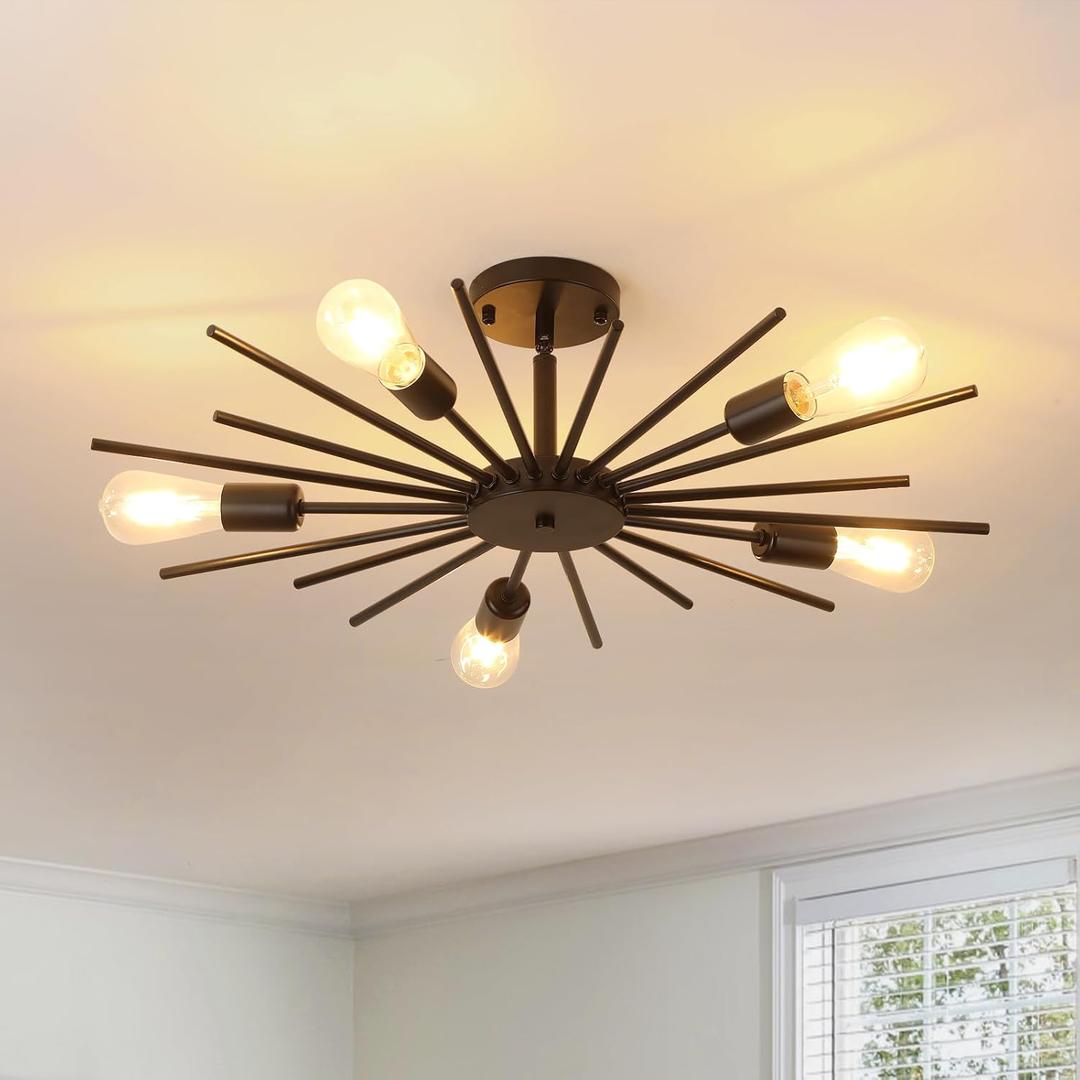 Black Semi Flush Mount Ceiling Light, 27.5 Inch 5-Light Large Sputnik Flush Mount Light Fixtures, Farmhouse Industrial Sloped Ceiling Lighting for Kitchen, Entryway, Bedroom, Living Room