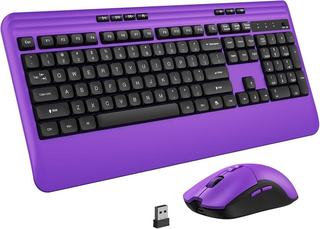 KOPJIPPOM Wireless Keyboard and Mouse Set with Quiet Keys, 2.4G Full Size Purple Keyboard and Mouse with Wrist Rest, Protective Covers, Soft Touch Silent Design for Windows, Computer, PC and Laptop