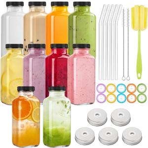 TUZAZO 10 Pack 8 Oz Glass Juice Bottles with Lids, Reusable Travel Drinking Jars Containers for Juicing, Smoothies, Kombucha, Milk, Coffee with Brush, Straws, and Lids with Hole
