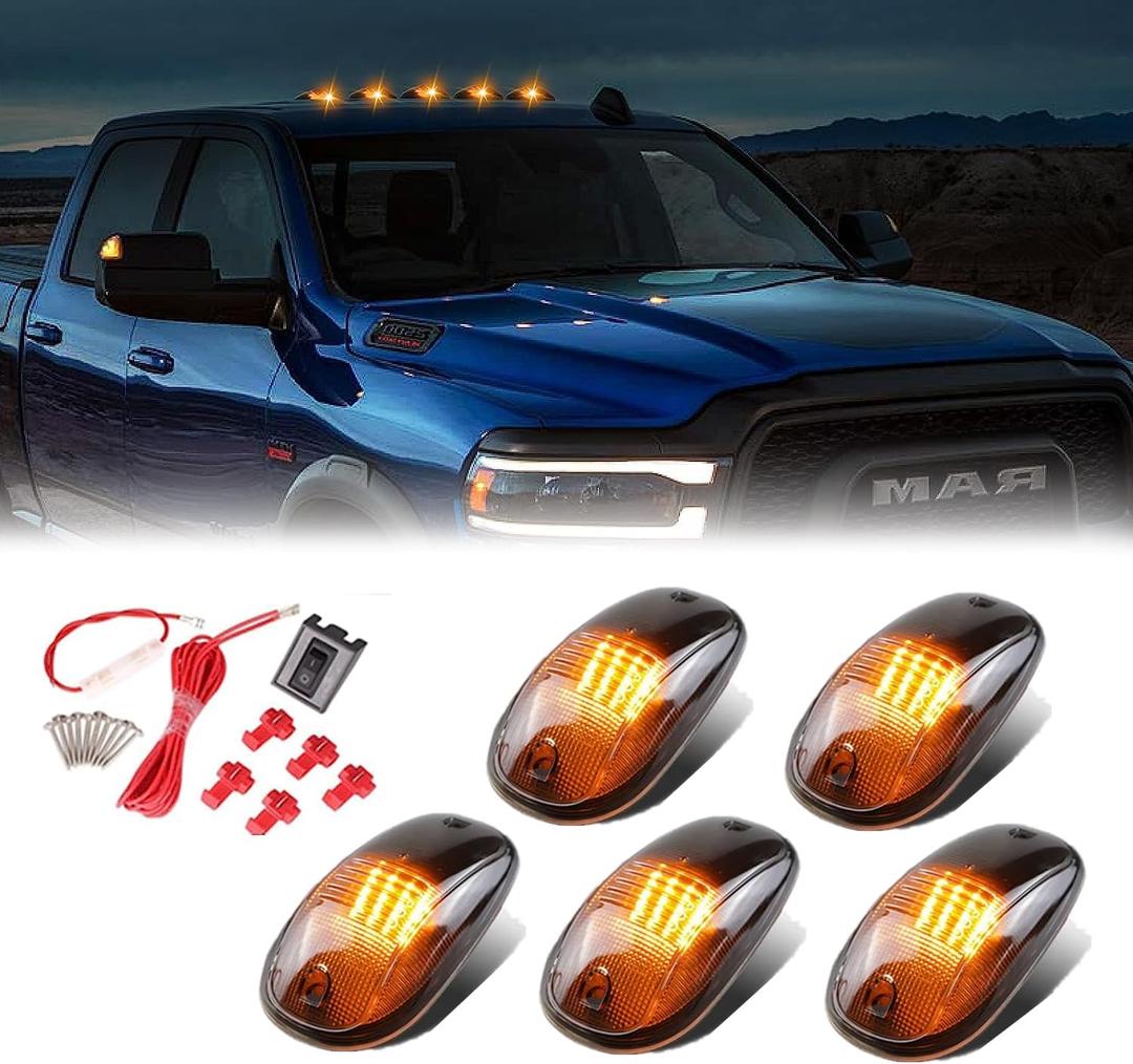 5 X Cab Roof Marker Lights Smoke Lens Amber LED Housing Compatible with 2003-2018 Dodge Ram 1500 2500 3500 4500 5500 Pickup Trucks, Cab Roof Running Lights, Accessories Light Sets w/Wiring Pack
