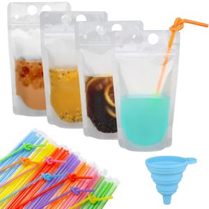 100 Pcs Zipper Plastic Pouches Drink Bags,Heavy Duty Hand-Held Translucent frosted Reclosable Stand-up Bag 2.4" Bottom Gusset with 100pcs Straws & Funnel Included (Clear)