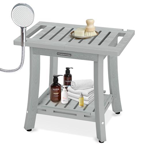 KingPavonini HDPS Shower Benches for Inside Shower to Sit on, Waterproof Shower Stool for Shaving Legs, Heavy Duty 400LBS Shower Seat with Storage Shelf, Shower Chair for Bathroom/Indoor/Outdoor Use