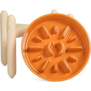 LE TAUCI Ceramic Slow Feeder Puzzle Bowl Elevated 3 Cup with Wooden Stand for Medium Large Dog, Fast Eater Slow Eating Food Bowl, Sun Orange