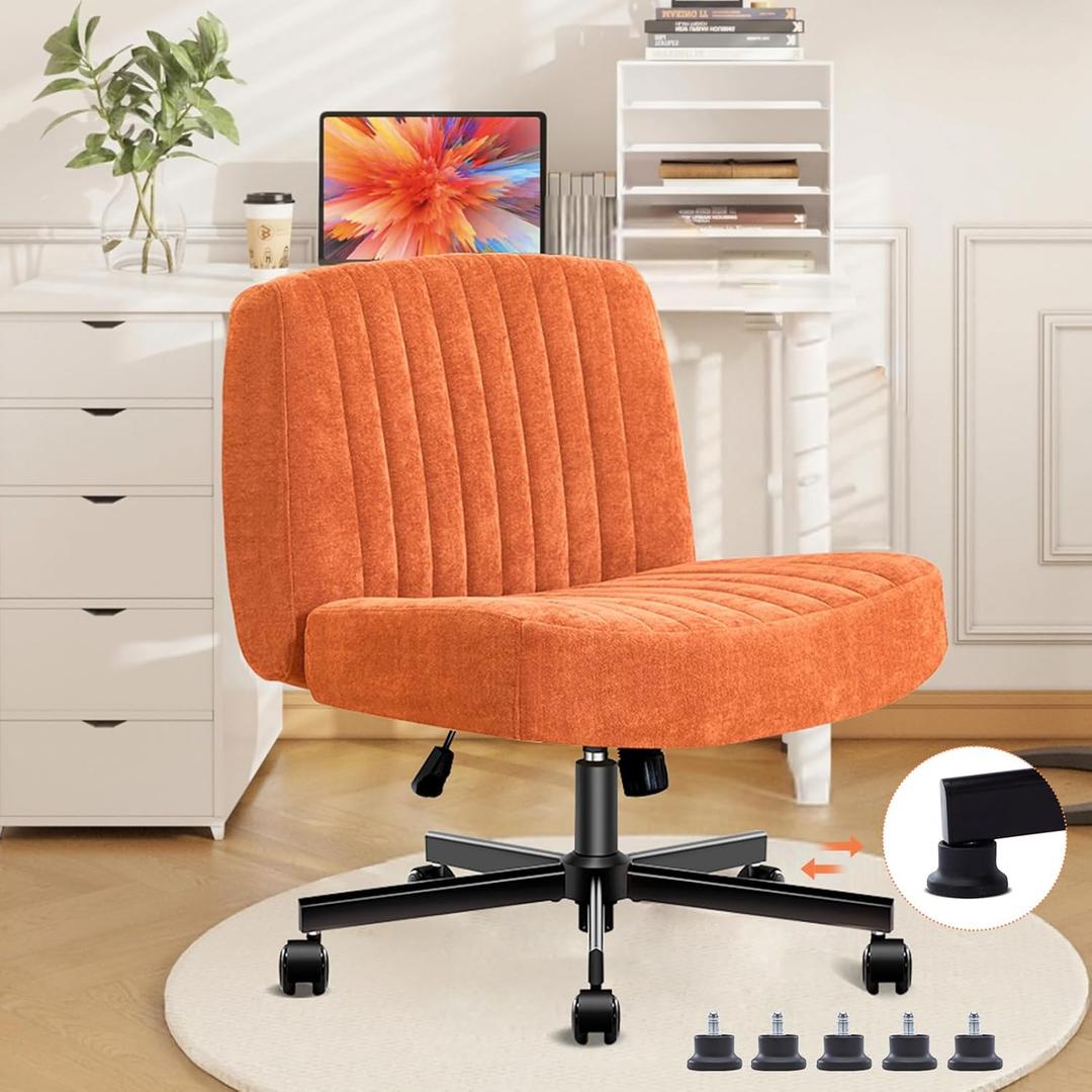 Convertible Base Criss Cross Chair with Pocket Springs & Thicker and Wider Cushions, Armless Legged Office Chair Relieves Back Pain, Swivel Vanity Chair for Living Room/Office, Orange