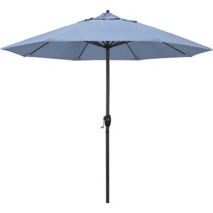 California Umbrella 12-Year Protection 9' Rd Aluminum Patio Umbrella, Crank Lift, Auto Tilt, Black Finish, Sunbrella Air Blue