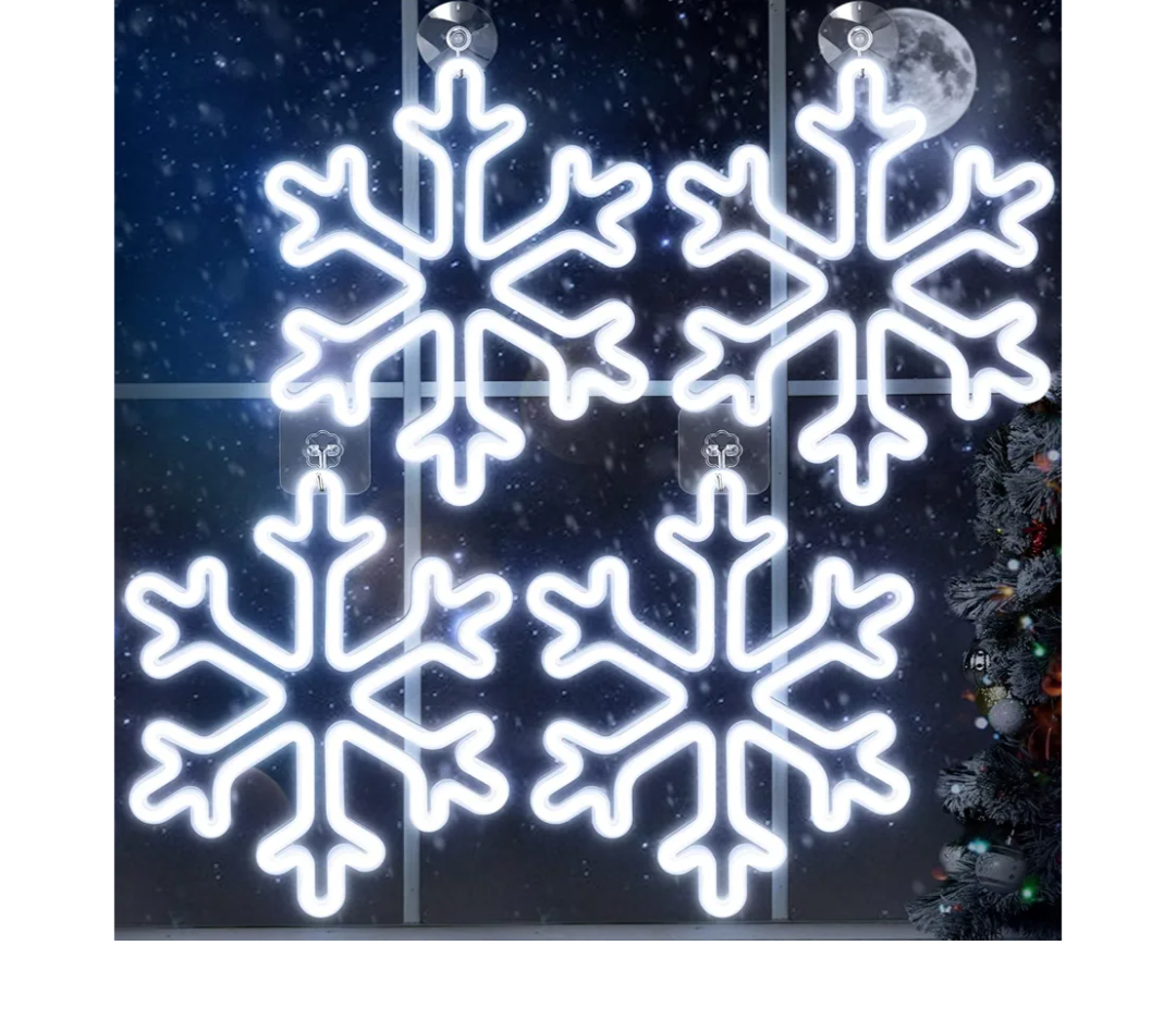 VIHOSE 4 Pcs Large Christmas Window Snowflake Lights 12 Inches Battery Powered LED Neon Hanging Lights Snowflake Shaped Sign Decorations for Xmas Tree Holiday Wall Porch Indoor Outdoor Decor