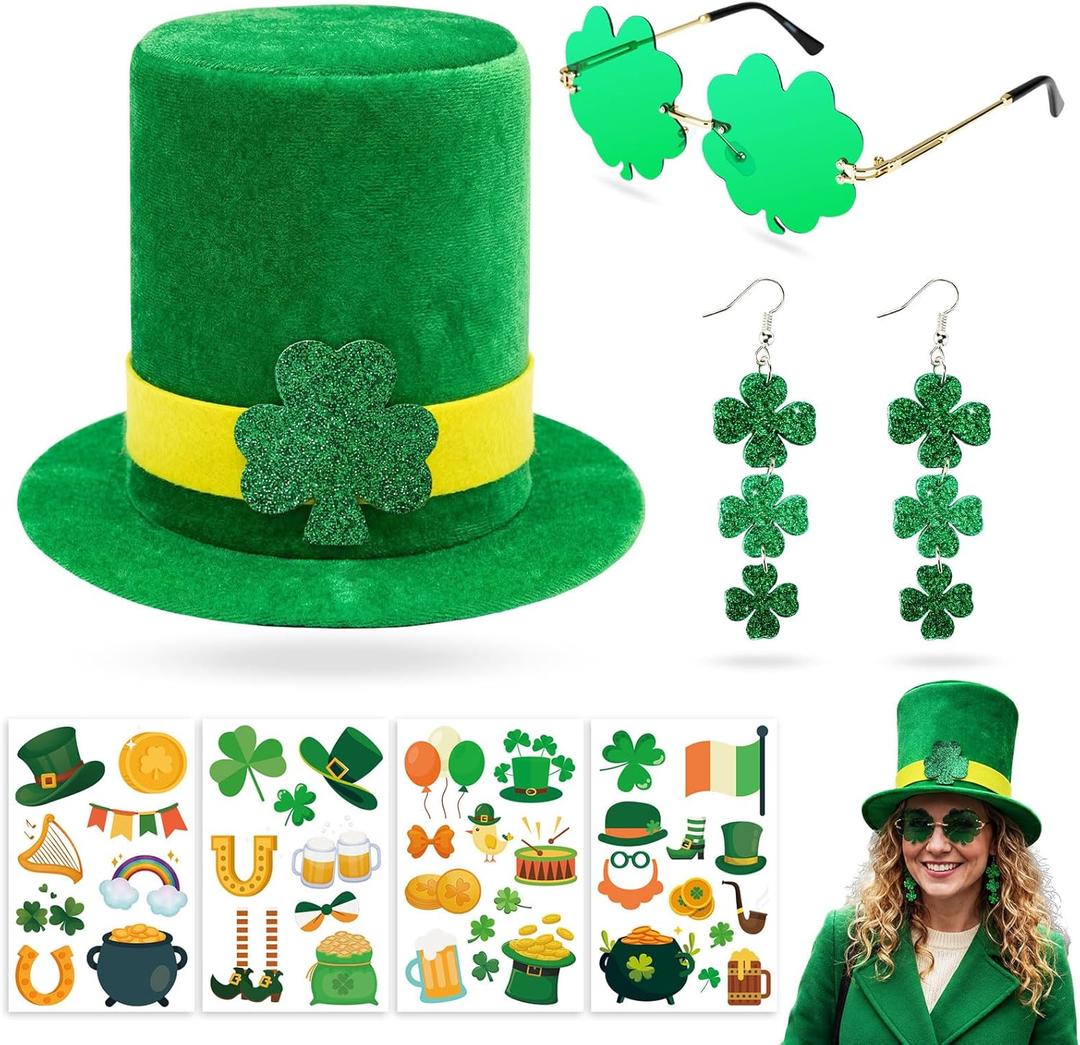 7 Pcs St. Patrick's Day Costume Accessories Leprechaun Top Hat Shamrock Earrings Glasses Irish Stickers Set for Women
