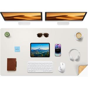 Aothia Cork Desk Mat - Dual-Sided XL PU Leather Desk Pad & Full Desk Protector, Large Waterproof Desktop Mat for Office & Gaming (47" x 23.6", Off-White)