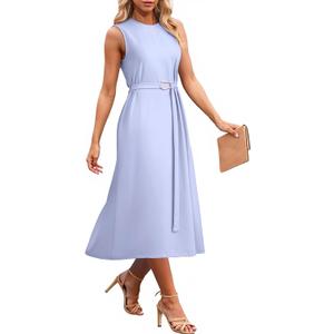Dokotoo Womens Summer Dresses 2026 Sleeveless Crewneck Gold Buckle Tie Belt Back Slit Casual Elegant Midi Dress