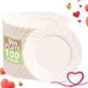 U-QE 100 Count 9 Inch Ivory Plastic Plates for Party - Scalloped Disposable Dinner Plates - Premium Hard Fancy Disposable Heavy Duty Party Supplies for Birthdays, Celebrations, Weddings and Events (9 inch,100 Pack)