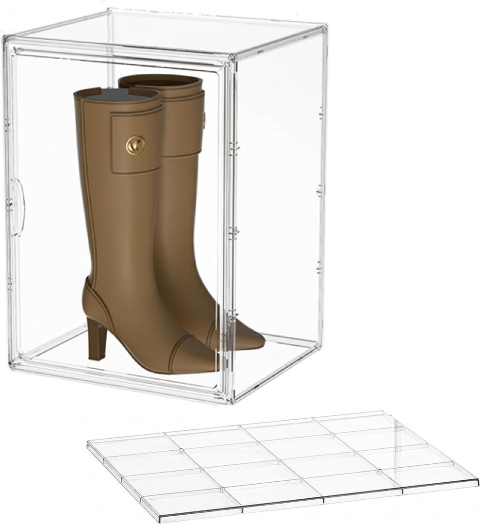 Attelite Clear Display Case Stackable Plastic Storage Bins with Lid, 2 Tiers Boot Shoe Box Organizers with an Adjustable Divider, Big Acrylic Display Storage Box with Magnetic Door,  XXL Magnetic door (Pack of 1)