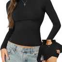 Danysu Double Lined High Round Neck Long Sleeve Tops for Women with Built in Bra Nylon Basic Crop Fall Tee Shirts (Medium, Black)