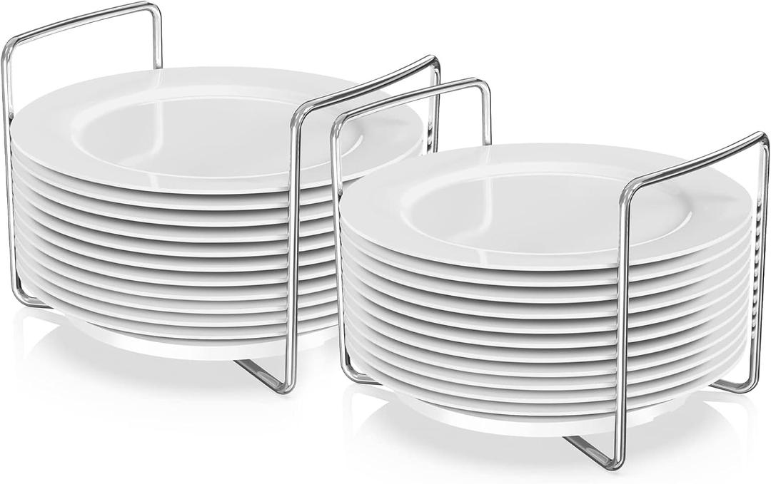 Wisuce Dish Racks for Kitchen Countertop Organizer - Bamboo Plate Holder Adjustable Size | Stainless Steel 304 Portable Handle for Kitchen Drawer Countertop Cupboard Shelf (2*Small, White)