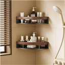 2-Pack Corner Shower Caddy with Walnut Wooden Shelf, Wall Mounted Bathroom Organizer, Matte Black Aluminum Alloy Storage Rack for Toilet, Dorm and Kitchen