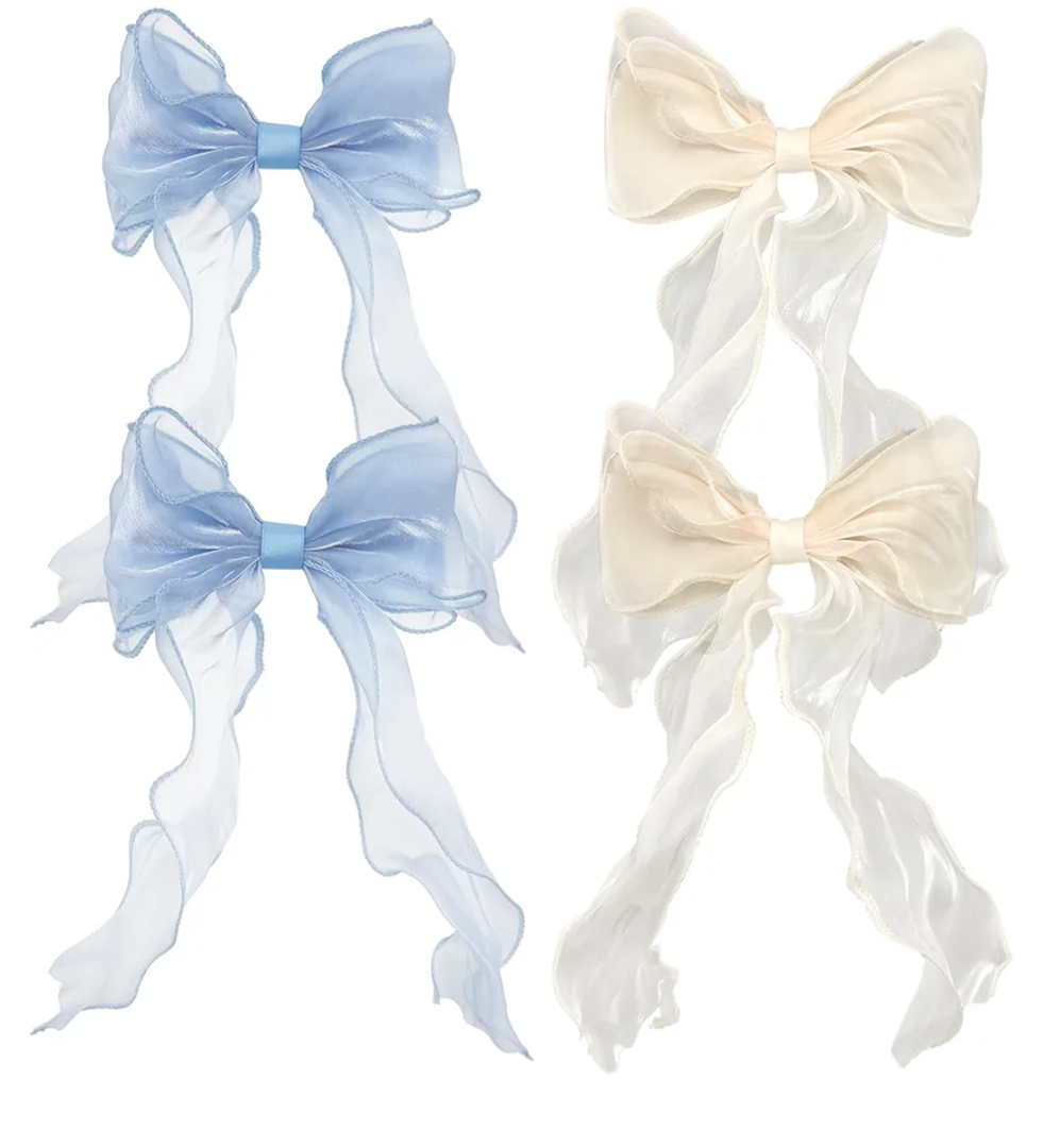 8 PACK Light Blue and Champagne Big Ribbon Hair Bows,Large Hair Accessories,Oversized Long-tail Hair Clips for Women and Girls Hair Styling Accessories.