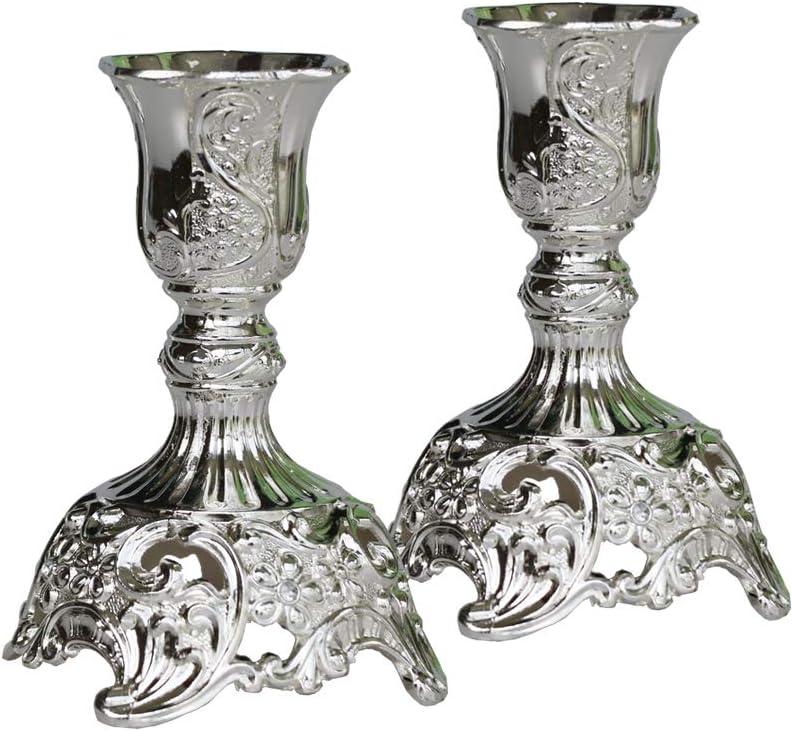 Taper Candle Holders With Deluxe Engraved Design, Set of 2 Premium Metal Silver Candlestick Holders