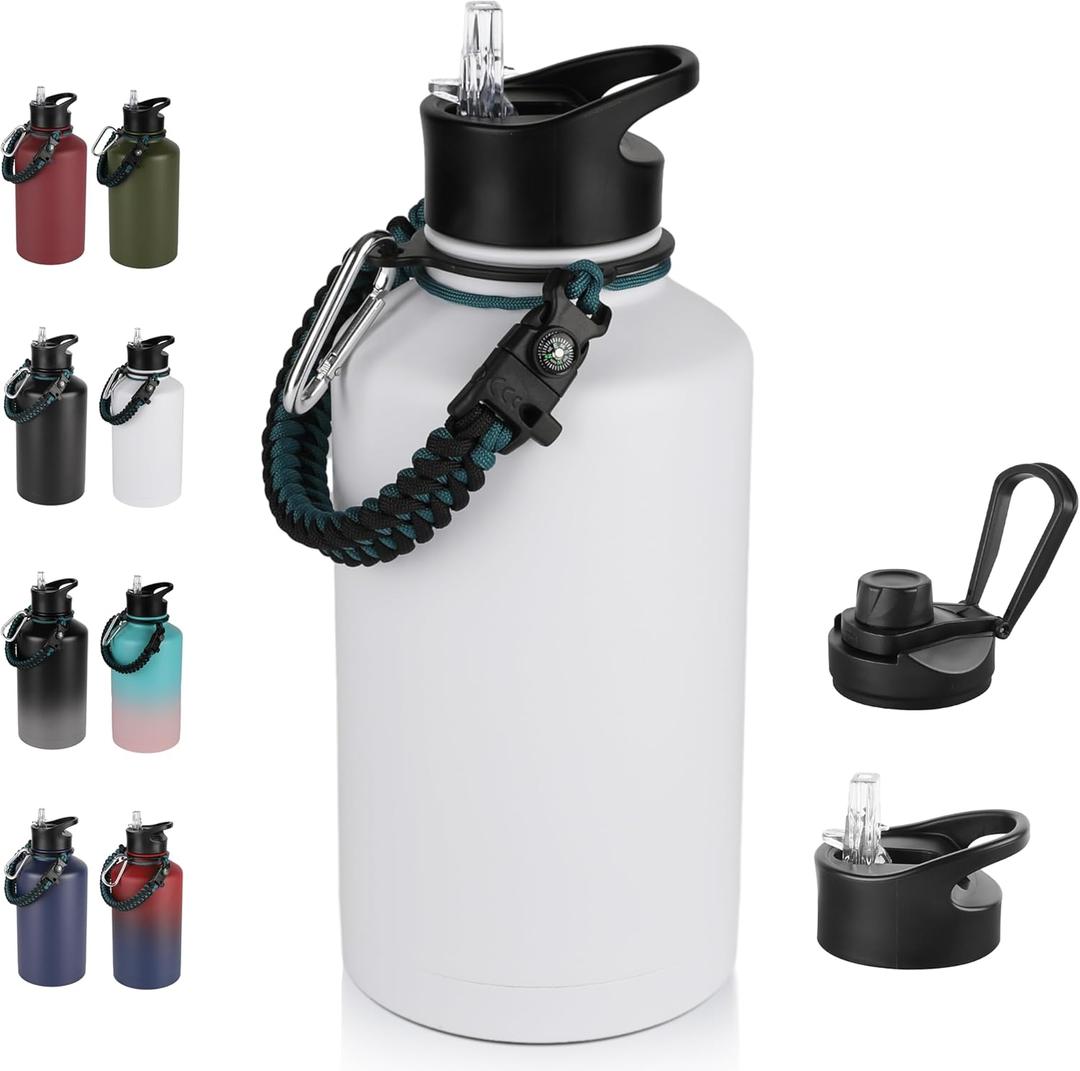 64 oz Insulated Water Bottle with Straw & Spout Lids, Stainless Steel Metal Half Gallon Water Jug with Paracord Handle, Double Wall Vacuum, Leakproof, Keep Drinks Cold & Hot, White