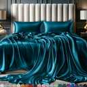 DECOLURE Satin Sheets King Size Set 4 Pcs - Silky & Luxuriously Soft Satin Bed Sheets w/ 15inch Deep Pocket - Similar to Silk Sheets - Double Stitching, Wrinkle Free (Sea Teal)