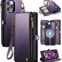 Defencase for iPhone 16 Pro Magnetic Wallet Case Compatible with Magsafe with RFID Blocking Zipper Strap Card Holder for Women Men PU Leather Detachable Case for iPhone 16 Pro (6.3 inches), Purple