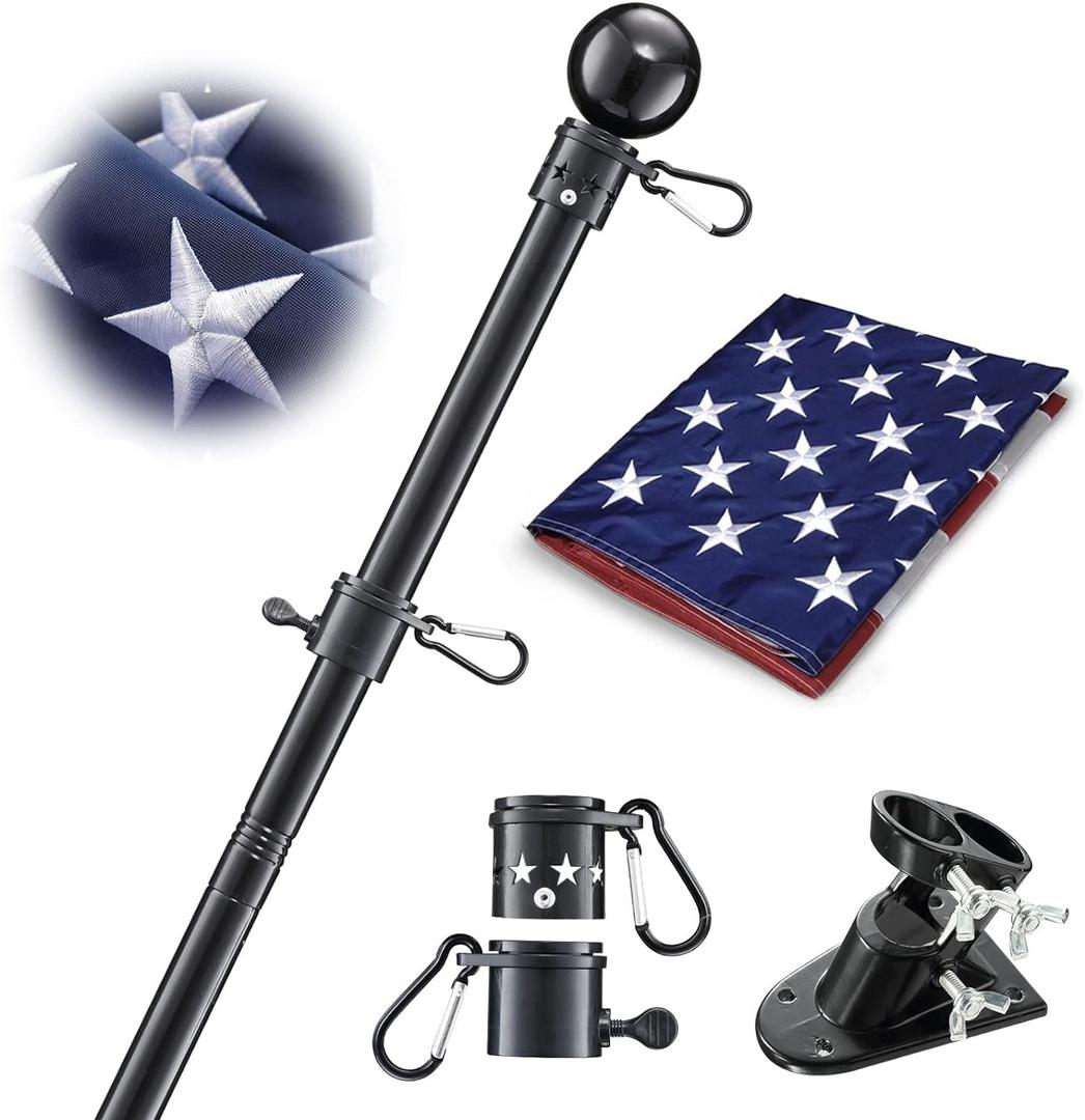 House Flag Pole With American Flag - Flagpoles Residential Kit with 5ft Tangle Free Metal Flag Pole,3x5 Embroidered US Flag,Holder Bracket,Heavy Duty Flag Poles for Outside House,Porch,Outdoor-Black