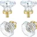 Clear Glass Crystal Cabinet Knobs Satin Brass, Gold Pulls and Knobs for Cabinet Dresser Drawer(4Pcs,Octagon) (4 Pieces)