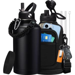 64 oz Insulated Water Bottle with Straw & Auto Spout Lids, Paracord Handle, Half Gallon Waterbottle Strap Carrier & Protective Boot, Wide Mouth Metal Canteen Thermo Mug, Leak-proof Sports Black Jug