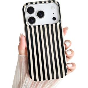Yeddabox for iPhone 17 Pro Case Cute Striped Phone Case Soft TPU Slim Shockproof Phone Cover for Women Girls, Black
