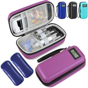 Insulin Cooler Travel Case, Portable Temperature Display Medicine Travel Cooler, Diabetes Case with 2 Reusable Ice Packs TSA Approved for Diabetic Supplies Patent Pending(Purple)