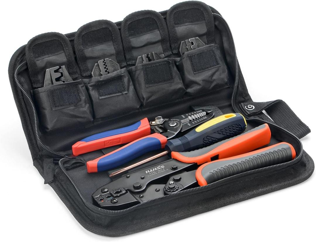 iCrimp Wire Crimping Tool Set with Wire Cable Stripper, Ratcheting Wire Crimper Tool with 5pcs Interchangeable Dies for Insulated and Non-insulated Connectors Terminal and End-sleeves Ferrule