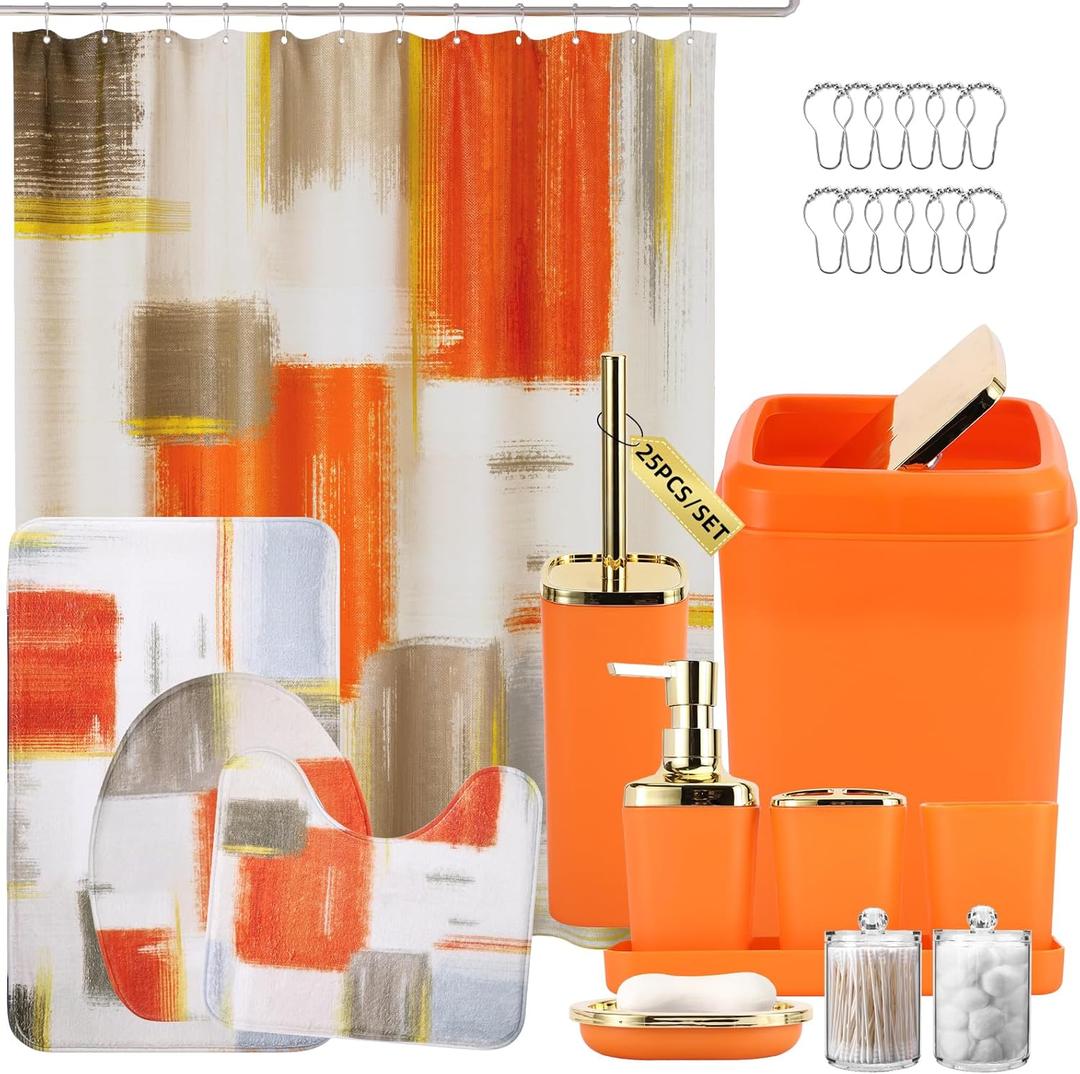 Bathroom Set - Orange Bathroom Accessories Set, Bathroom Sets with Shower Curtain and Rugs, Orange Shower Curtain Set with Bathroom Trash Can, Soap Dispenser, Soap Dish for Home Decor (Plaid Orange & Gold)