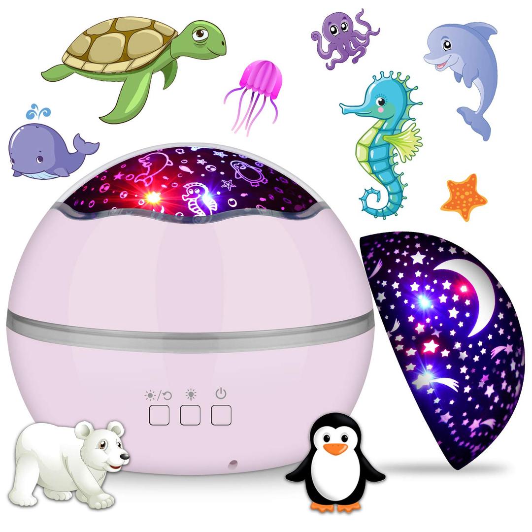 360 Rotating Night Light Star Projector for Kids Room, 2 in 1 Starry Sky and Sea World, Multi Colors Baby Bedroom Ceiling Wall Decor, Best Gift Boys Girls Birthday Festival (Pink)