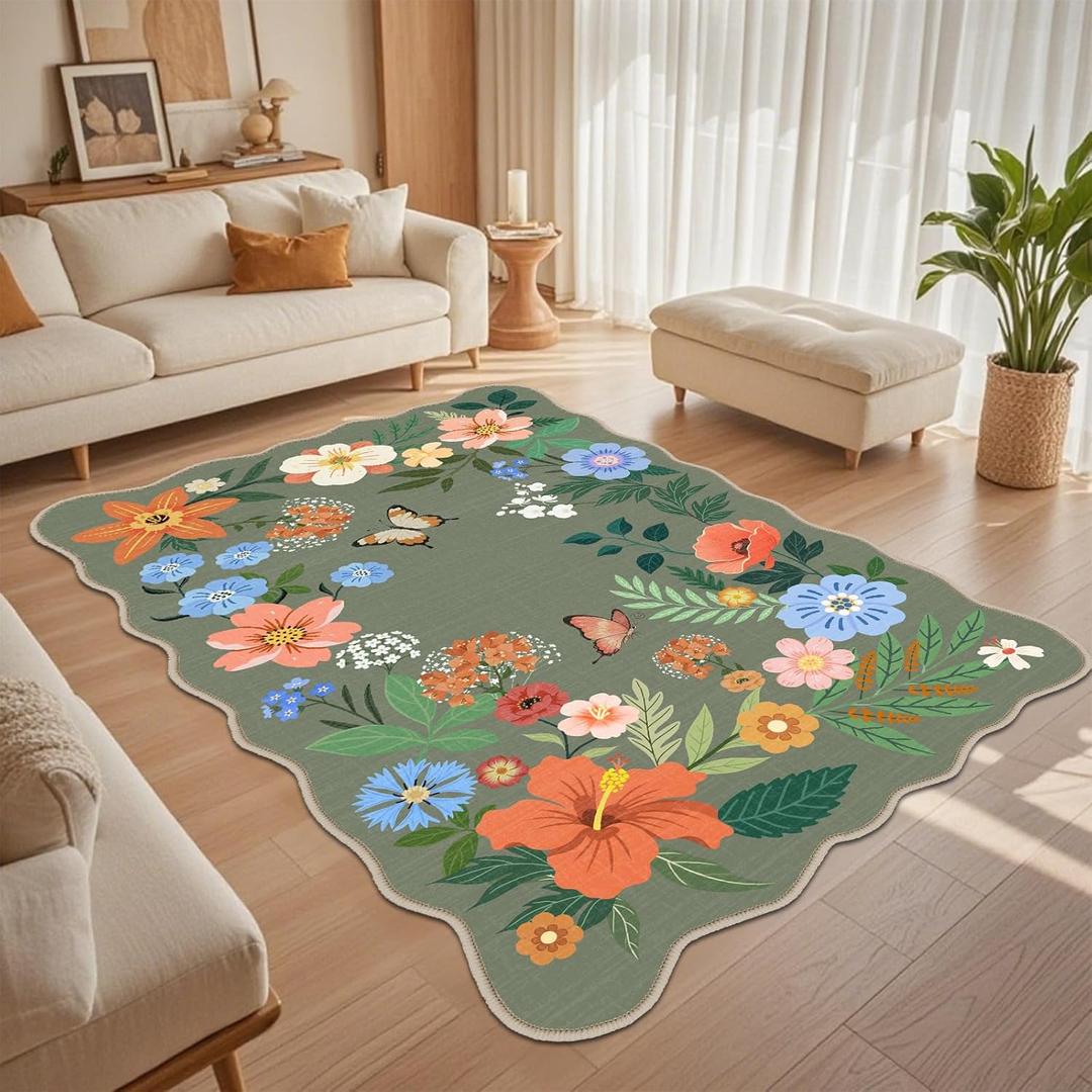5x7 Floral Washable Area Rugs, Lagre Living Room Rug Floral Vintage Soft Ultra Thin Kids Bedroom Carpet Rug for Girls Playroom Entryway, Green (Multi 1031)