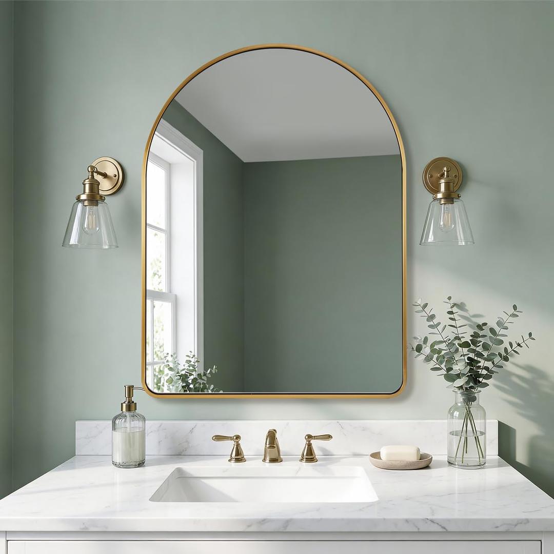 ANDY STAR 24x32’’ Gold Arched Mirror, Brass Bathroom Mirror Arched Top Rounded Corner Seamless Tube Metal Framed, 1’’ SUS304-Anti-Rust, Wall Mounted Vertical for Bathroom, Entryway, Over Sinks