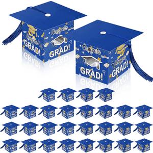 Pajean 30 Pcs Graduation Cap Candy Gift Box Grad Hat Gift Box Treat Boxes with Tassels Graduation Party Favors for Guests Class of 2025 Decorations(Blue)