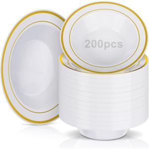 Jinei 200 Pieces 6 oz Plastic Bowls with Rim Small Disposable Soup Bowls for Dessert Salad Soup Candy Wedding Thanksgiving Catering Holidays Party Supplies (White,Gold Rim)