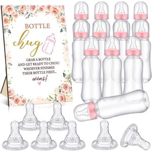 TrelaCo Floral Cool Baby Shower Games Bottle Chug Sign Wooden Floral Gift Sets Gender Reveal Party Favors and 12 Pcs Baby Bottle Shower Favor for Games Gender Reveal (Pink)