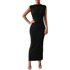 BTFBM Women's Ruched Bodycon Dress Summer Casual Sleeveless Back Slit Elegant Club Evening Party Cocktail Maxi Dresses, M