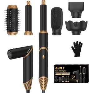 6 in 1 Hair Dryer Brush, Foldable Blow Dryer Brush with Air Styler Curler Wrap, Detachable Hot Air Brush Dry,Volumize, Straight,Curl, Negative Ion Brush Blow Dryer with Diffuser, Hair Styler Tools