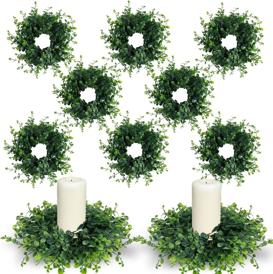 8 Pcs Mini Green Boxwood Candle Rings Wreaths Spring Summer Kitchen Cabinet Swags Wreath 3 Inch Wedding Rings Wreaths Pillar Candle Holder for Wedding Home Door Tabletop Decor (8, Green Boxwood)