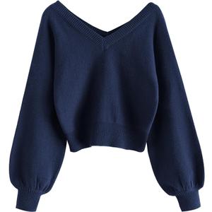 ZAFUL Women's Cropped Sweater V-Neck Long Sleeve Crop Sweater Pullover Jumper Knit Top (Medium, 1-navy Blue)