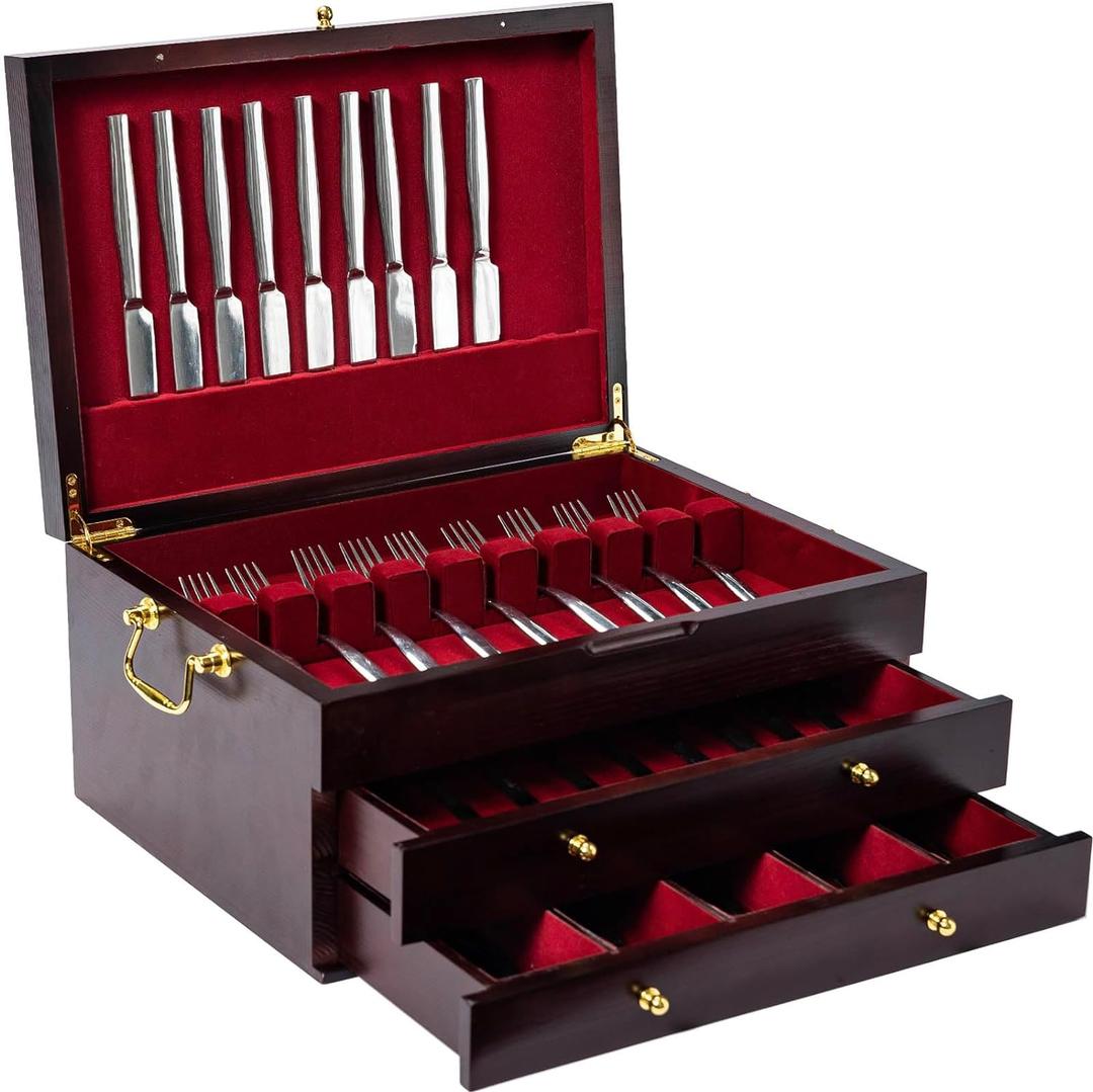 GENRICE Wooden Silverware Chest without Silverware Three-layer, Silverware Box Storage for Silver, Silverware Case with Handle and Felt Lined, Flatware Chest for 12 or 16 or more sets of Utensils (Brown)