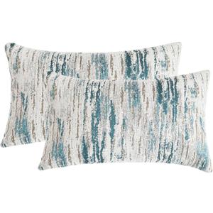Lumbar Pillow Covers 12x20 Inch Set of 2 - Chenille & Jacquard Textured Cushion Covers with Abstract Striped Design - Modern Coastal Decor in Cream Beige & Teal Ombre