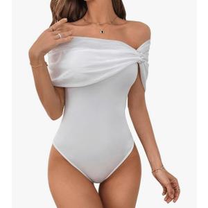 Women's Off Shoulder Short Sleeve Mesh Bodysuit Pearl Elegant Ruched Leotard, S