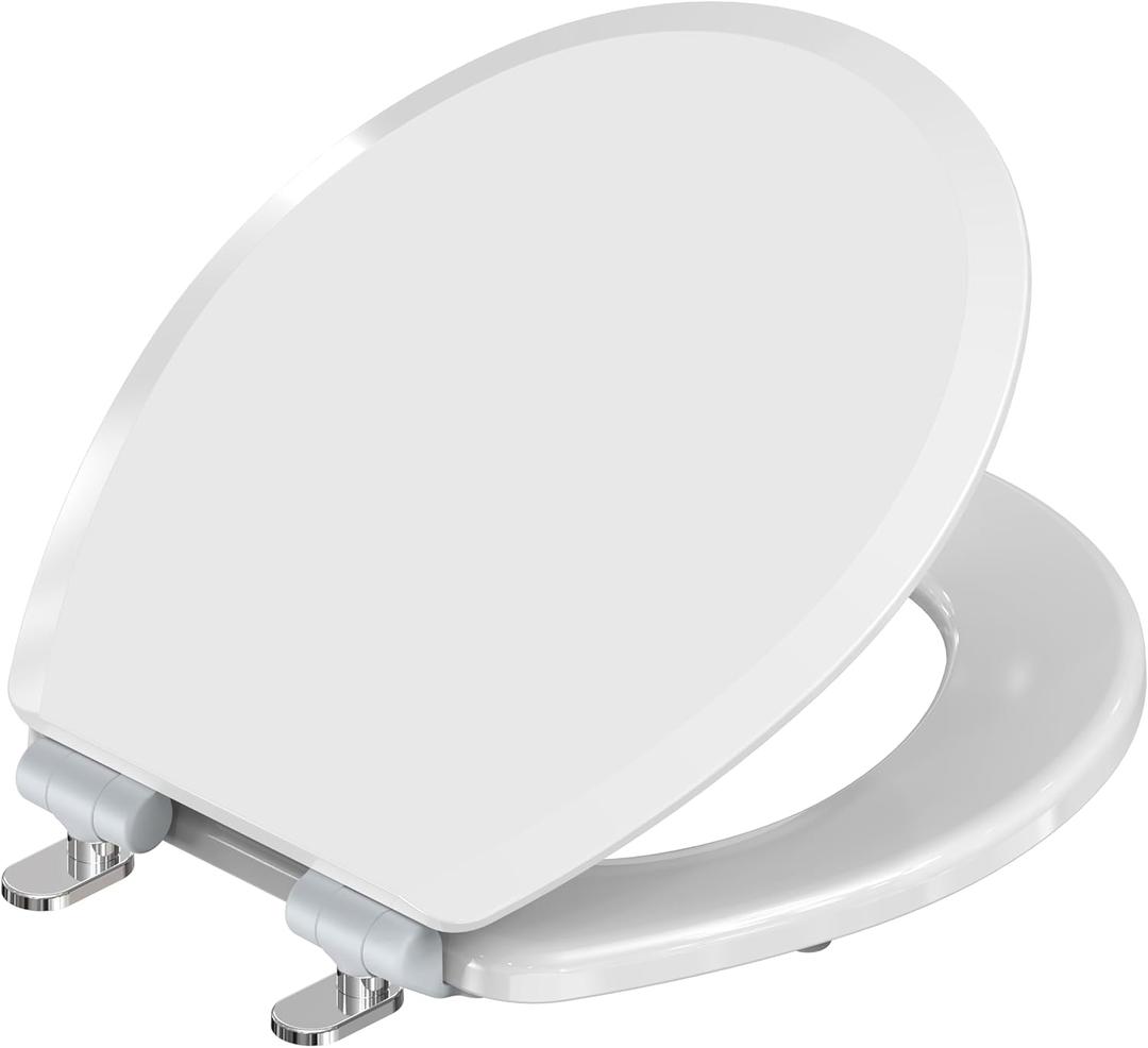 Pro Elite Heavy-Duty Wood Toilet Seat Round, White, Magnetic Quick-Release Easy-Clean and Change, HushMotion Soft Close, StainShield High-Gloss Finish, Arch-Tite Secure Fit