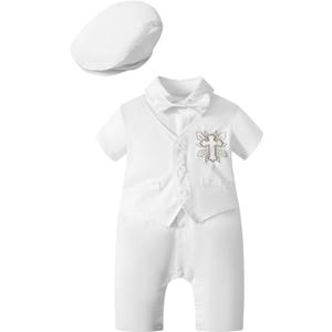 Newborn Baptism Outfits Gentleman Bowtie Romper White Wedding Outfit Cake Smash Christening Jumpsuit (6-9 Months, Short Silver)
